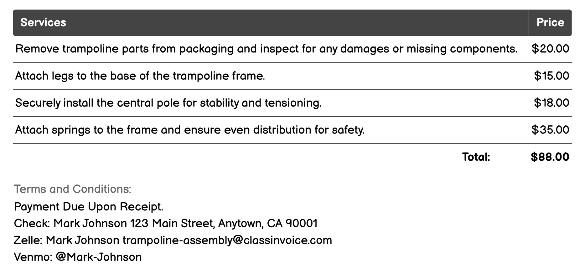 Trampoline Frame Setup Invoice Example