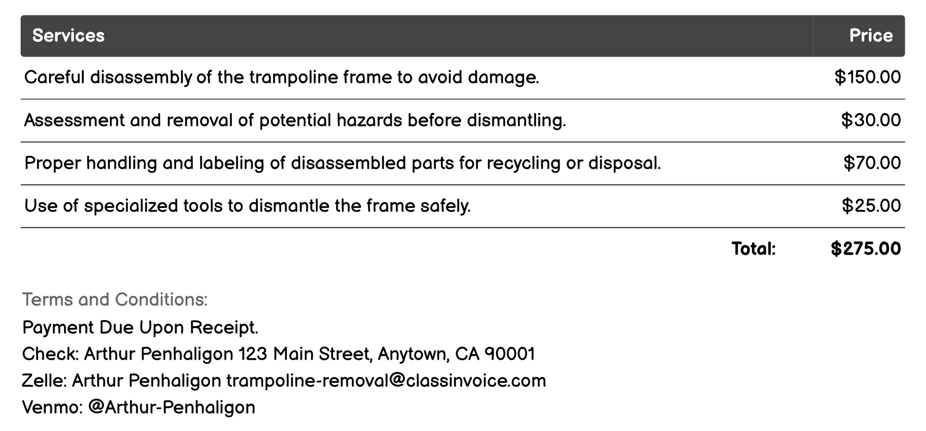 Frame Dismantling Invoice Example