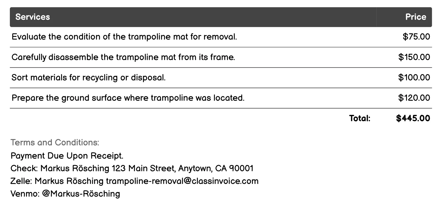 Trampoline Mat Removal Invoice Example