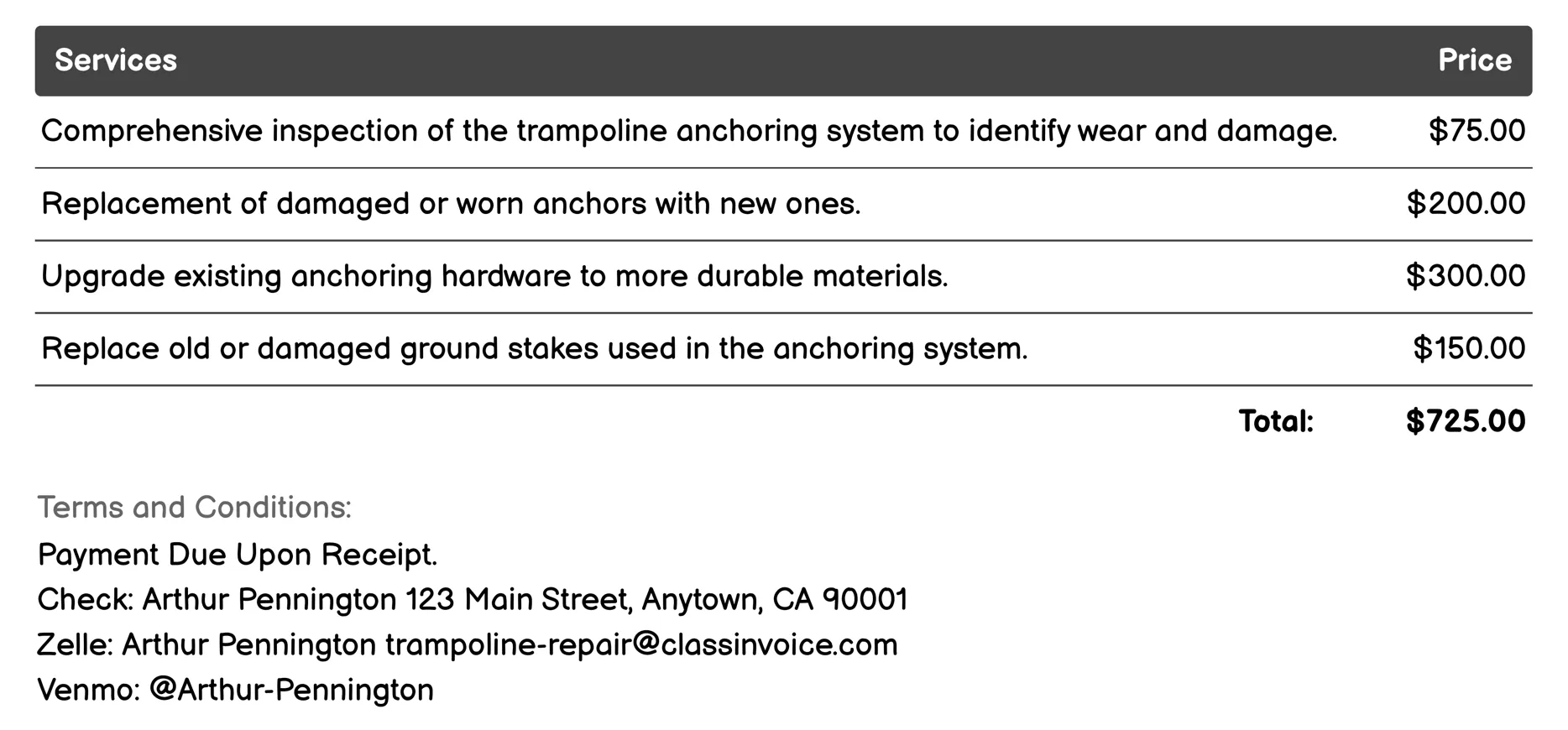 Anchoring System Repair Invoice Example