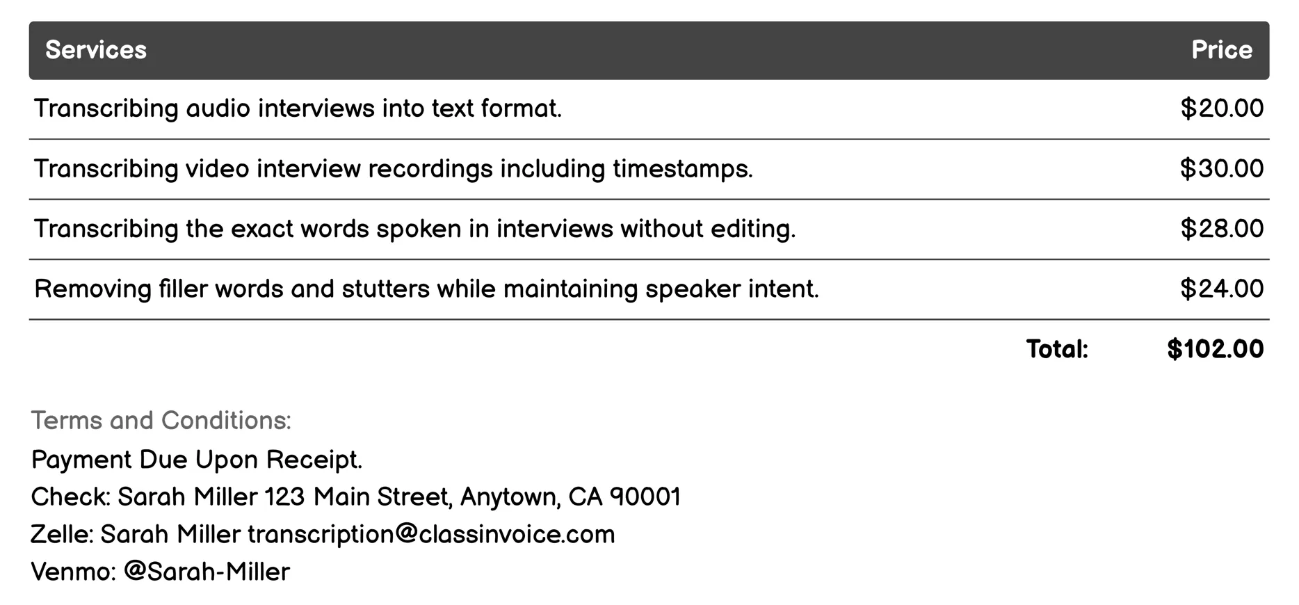 Interview Transcription Invoice Example