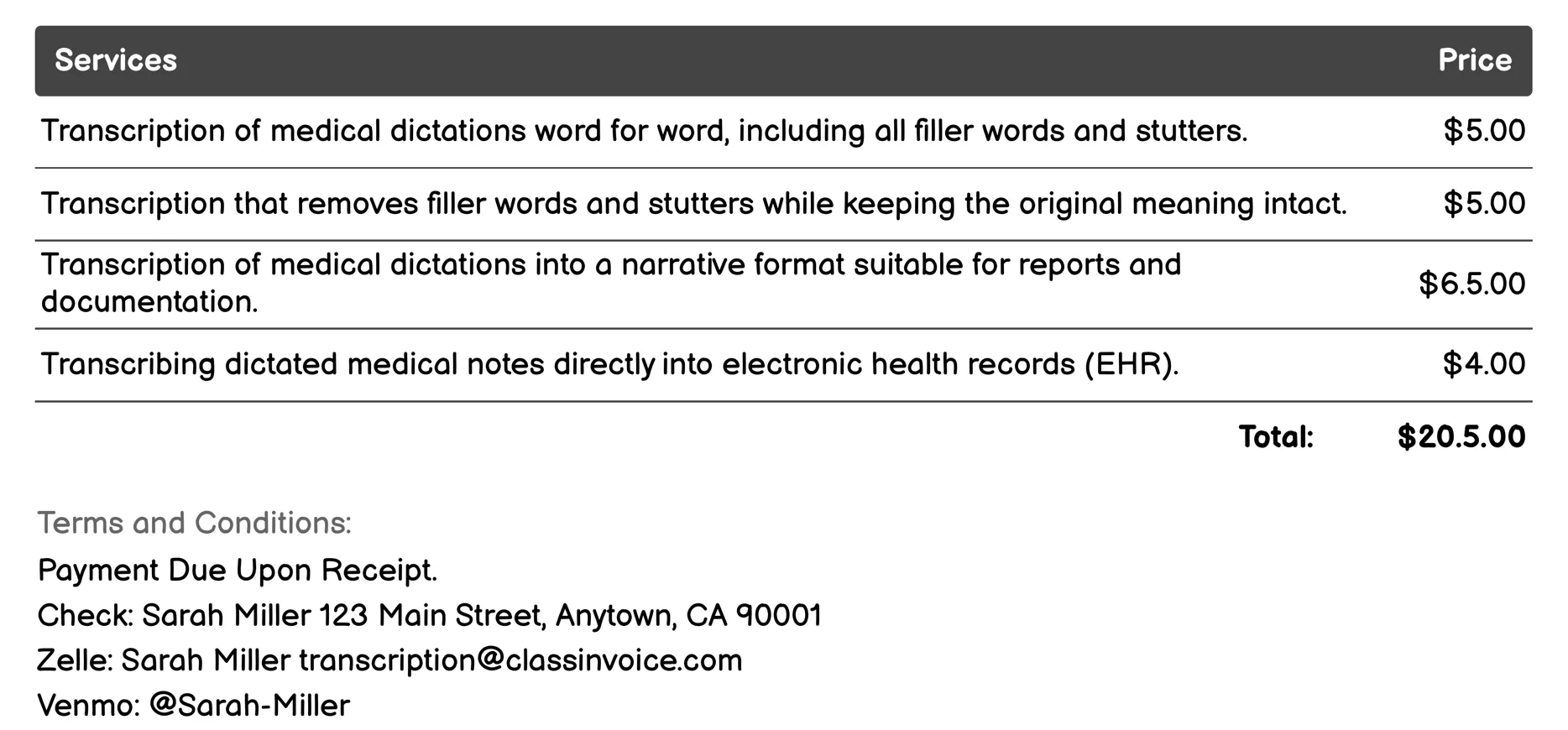 Medical Transcription Invoice Example