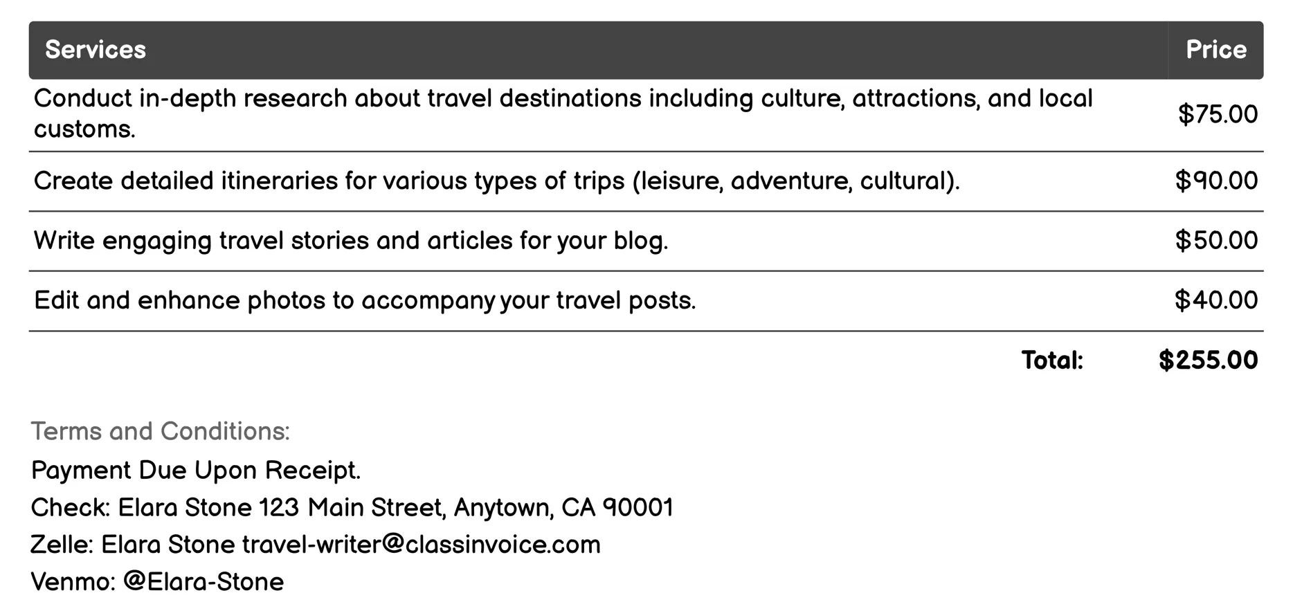 Travel Blogging Invoice Example