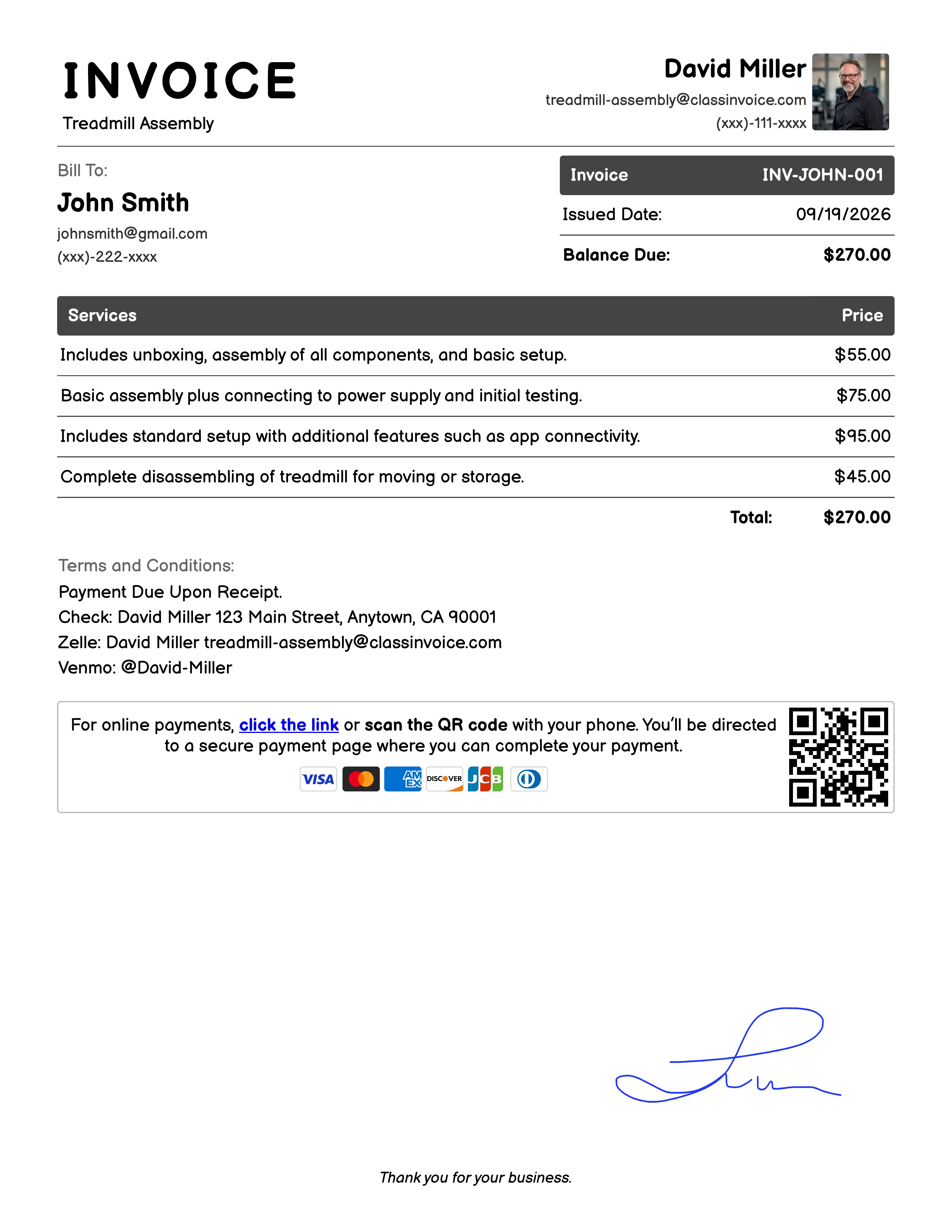 Treadmill Assembly Invoice Example