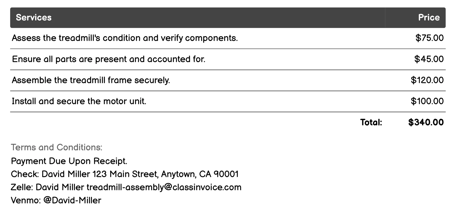 Warranty Setup Invoice Example