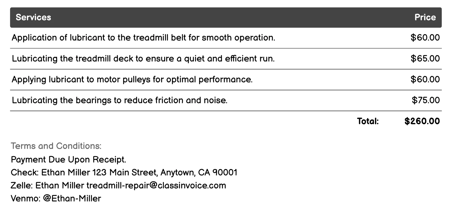Lubrication Service Invoice Example