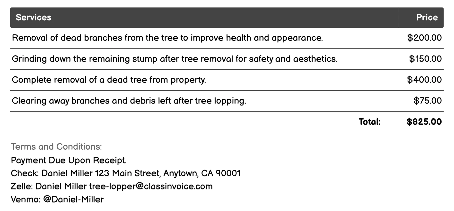 Dead Tree Removal Invoice Example