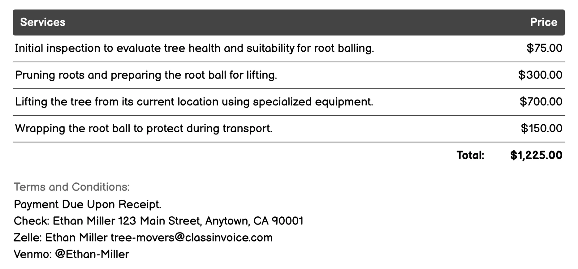 Root Balling and Lifting Invoice Example