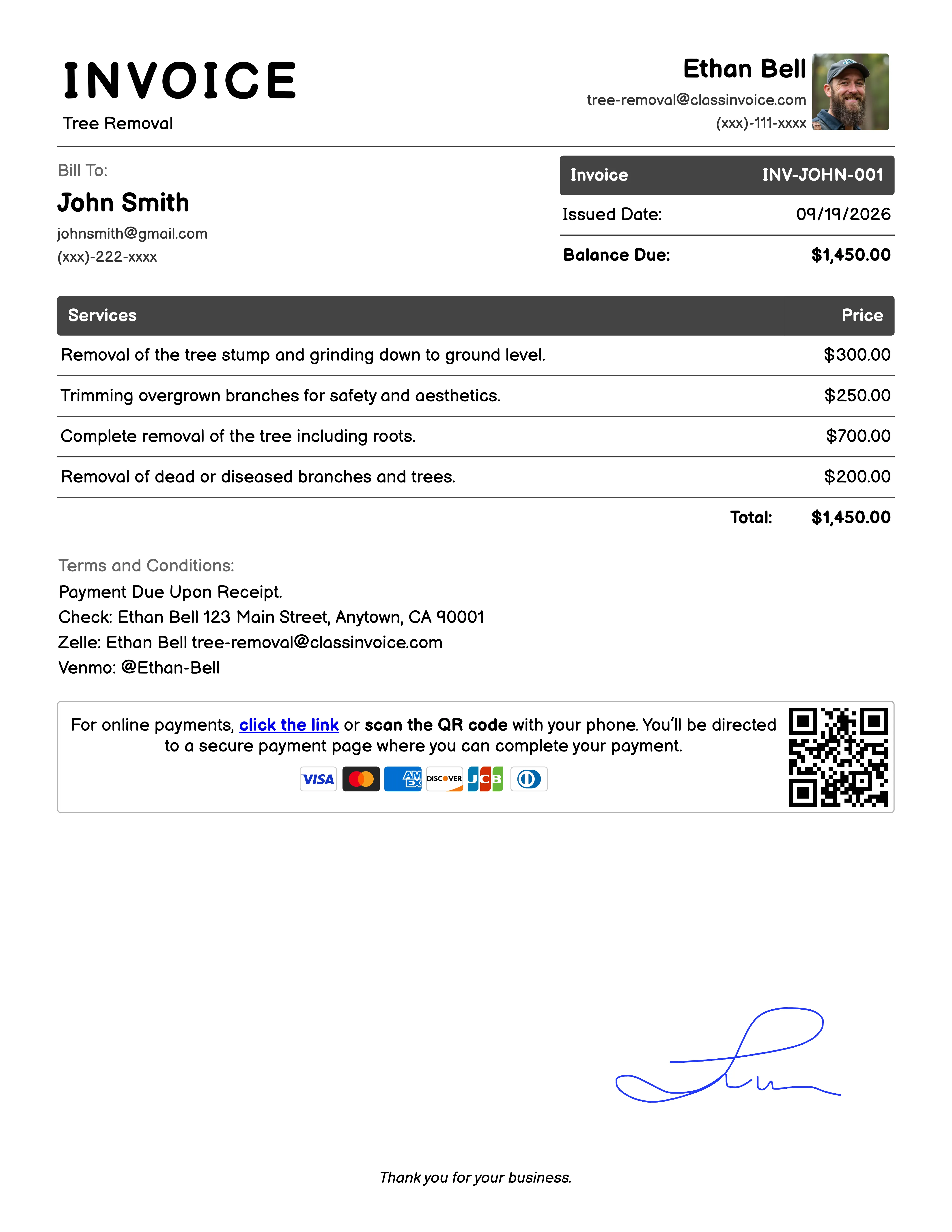 Tree Removal Invoice Example