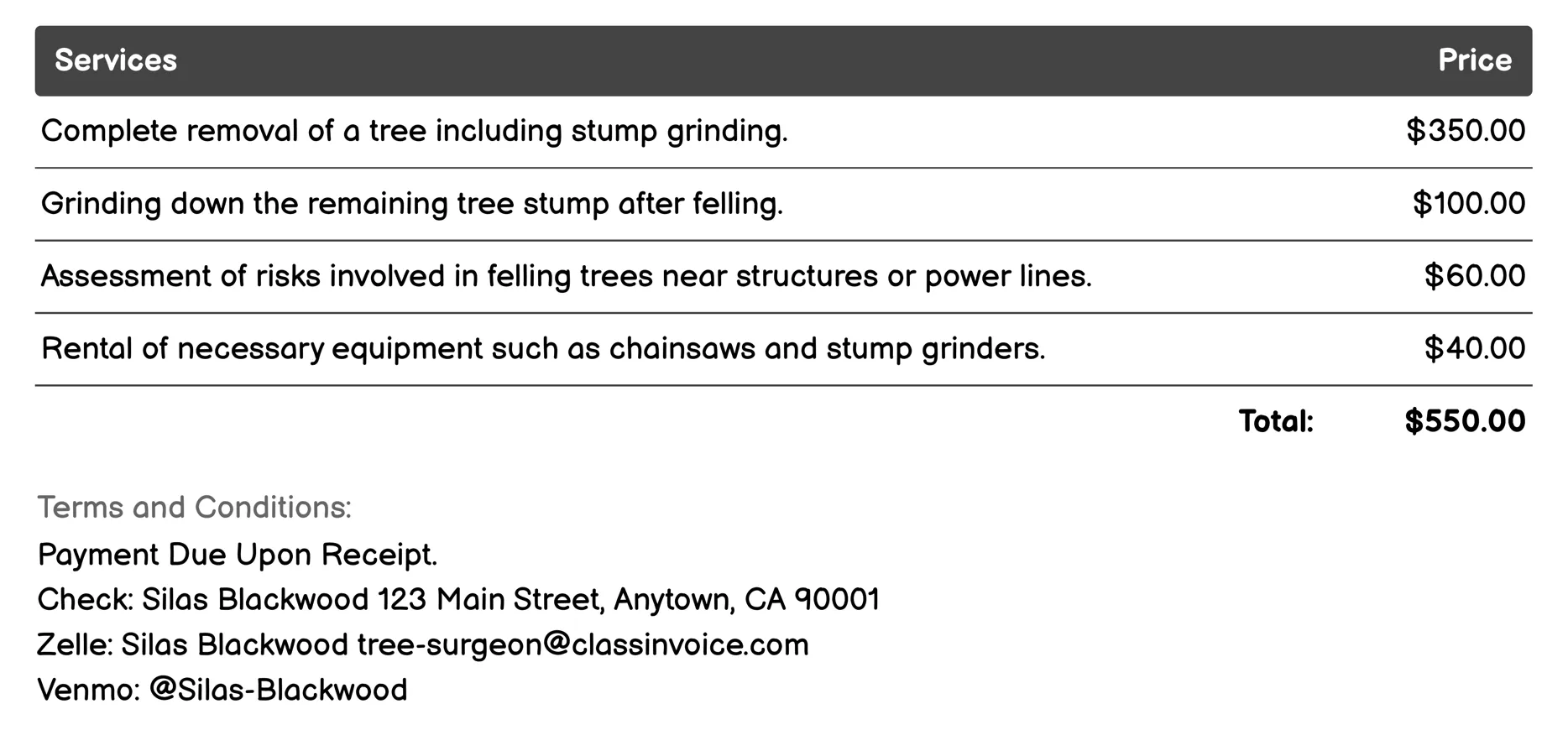 Tree Felling Invoice Example
