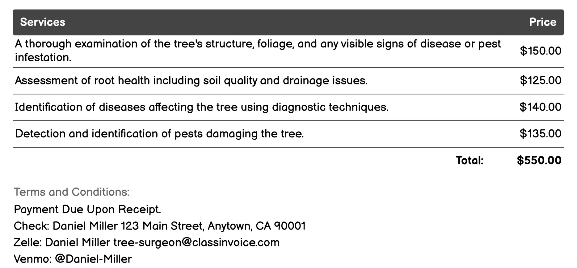 Tree Health Assessment Invoice Example