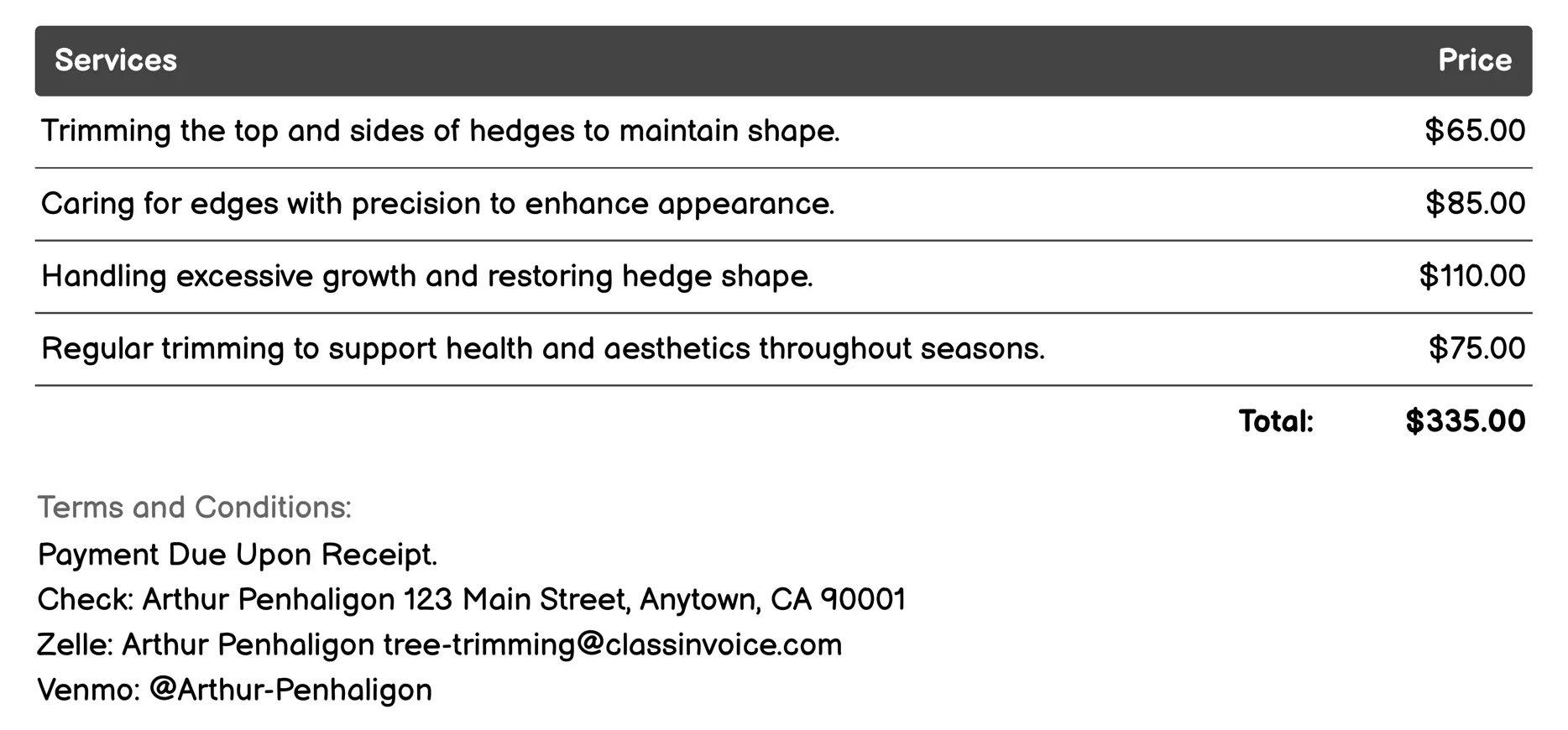 Hedge Trimming Invoice Example
