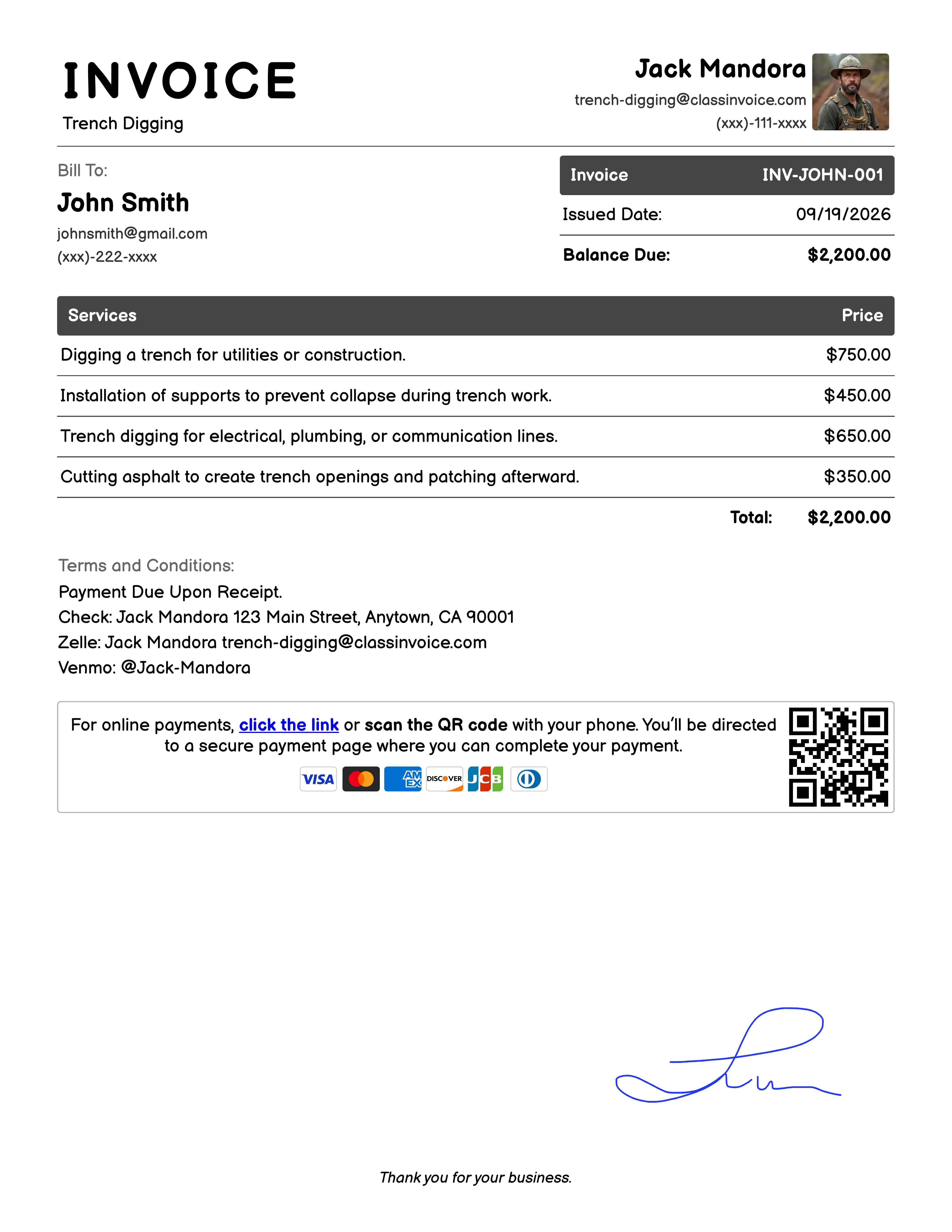Trench Digging Invoice Example