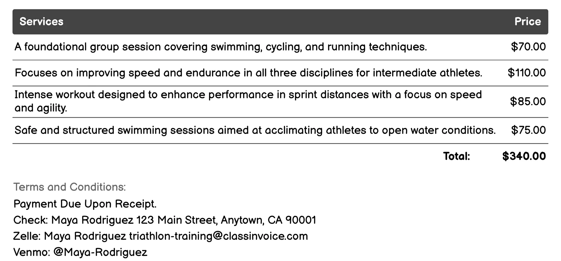 Group Workouts Invoice Example