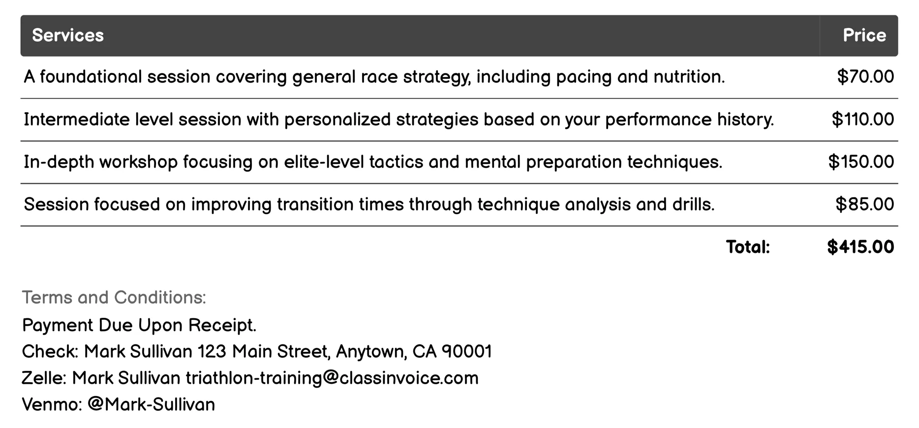 Race Strategy Sessions Invoice Example
