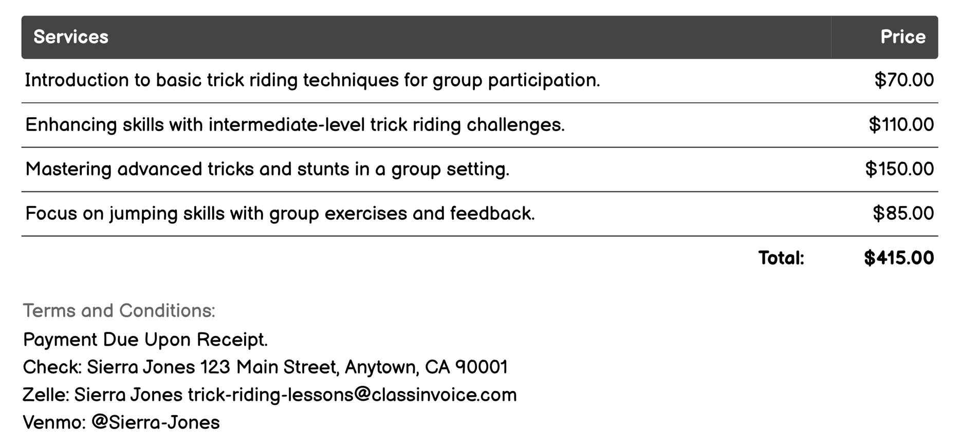 Group Trick Riding Classes Invoice Example
