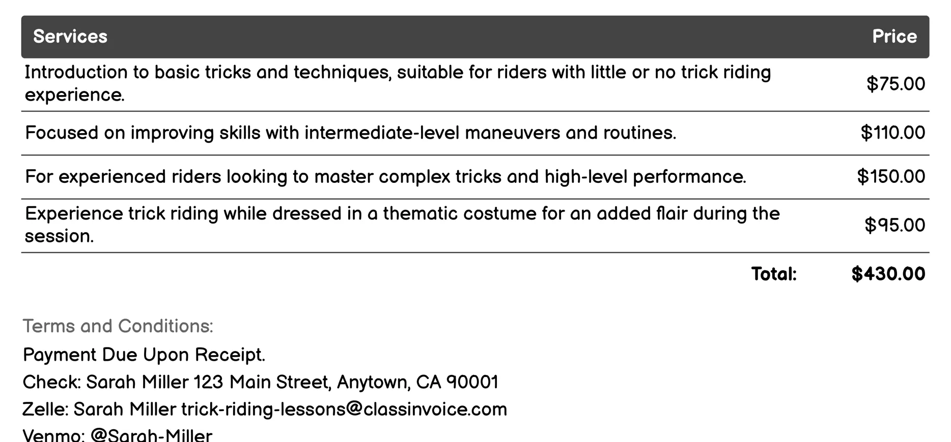 Private Trick Riding Sessions Invoice Example