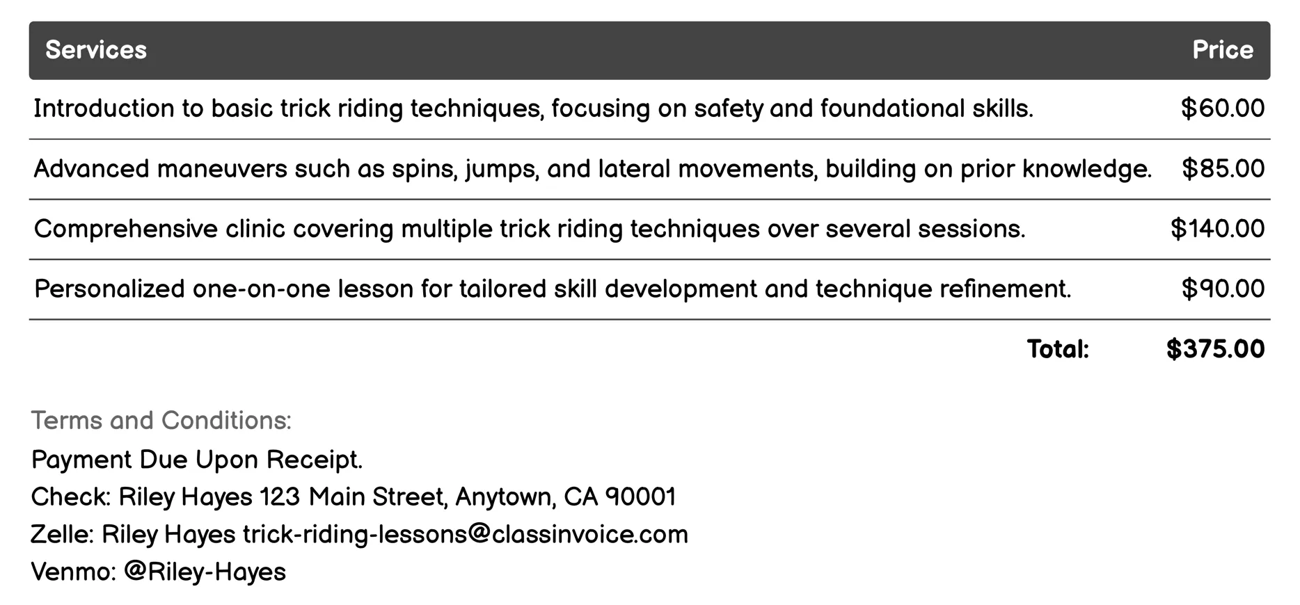Trick Riding Clinics Invoice Example