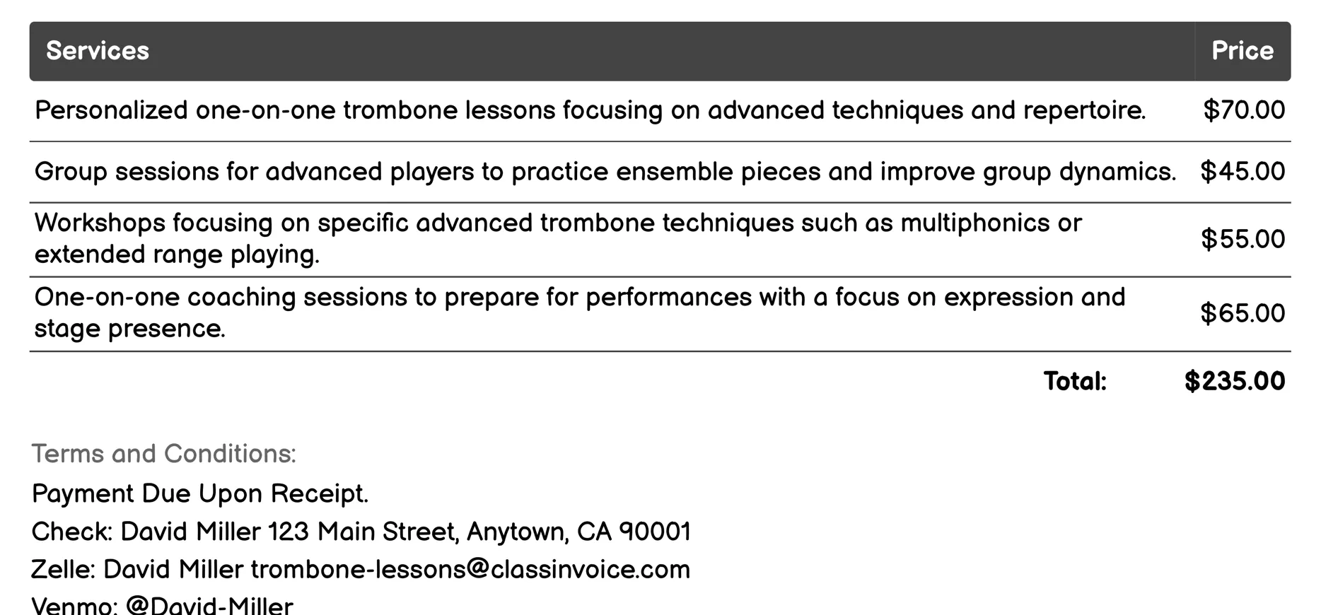 Advanced Trombone Lessons Invoice Example