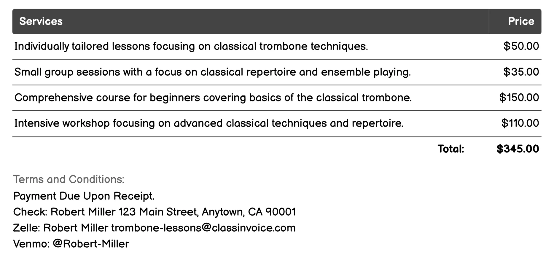 Classical Trombone Lessons Invoice Example