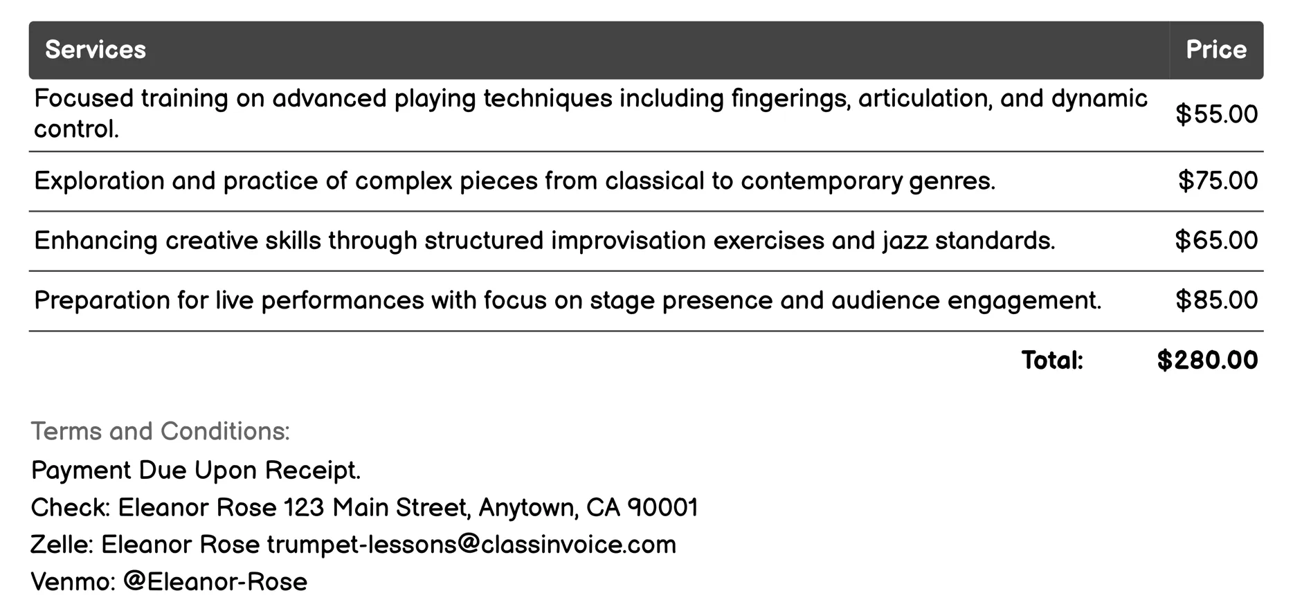 Advanced Trumpet Lessons Invoice Example