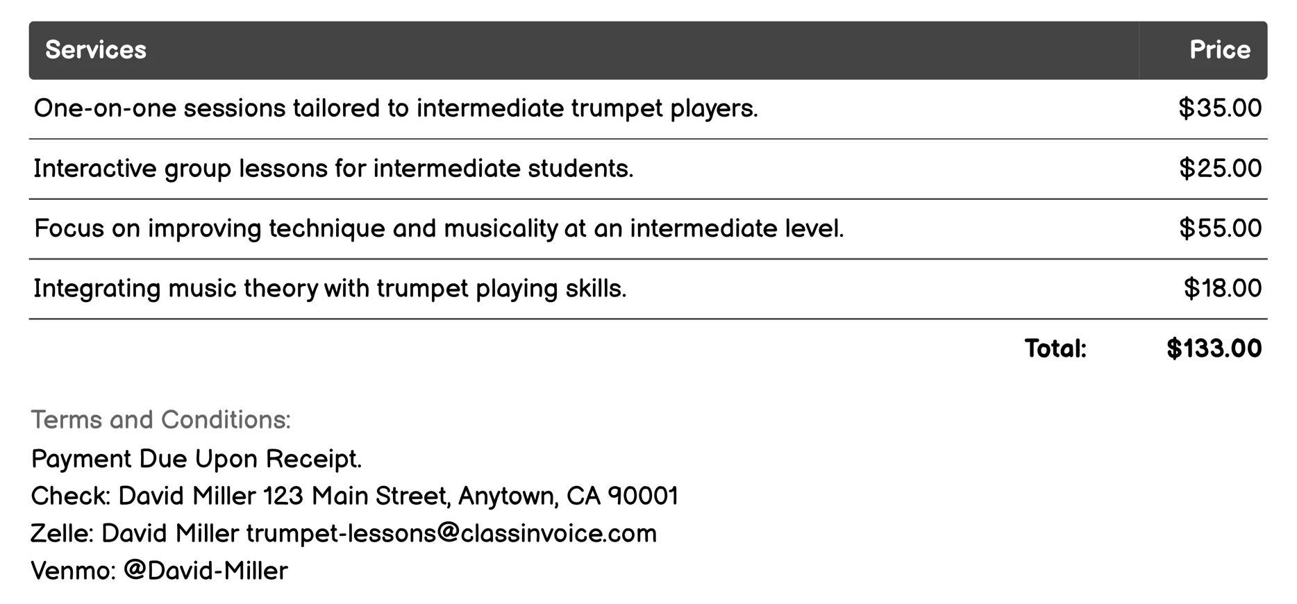 Intermediate Trumpet Lessons Invoice Example