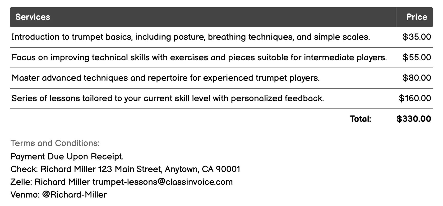 Private Trumpet Lessons Invoice Example