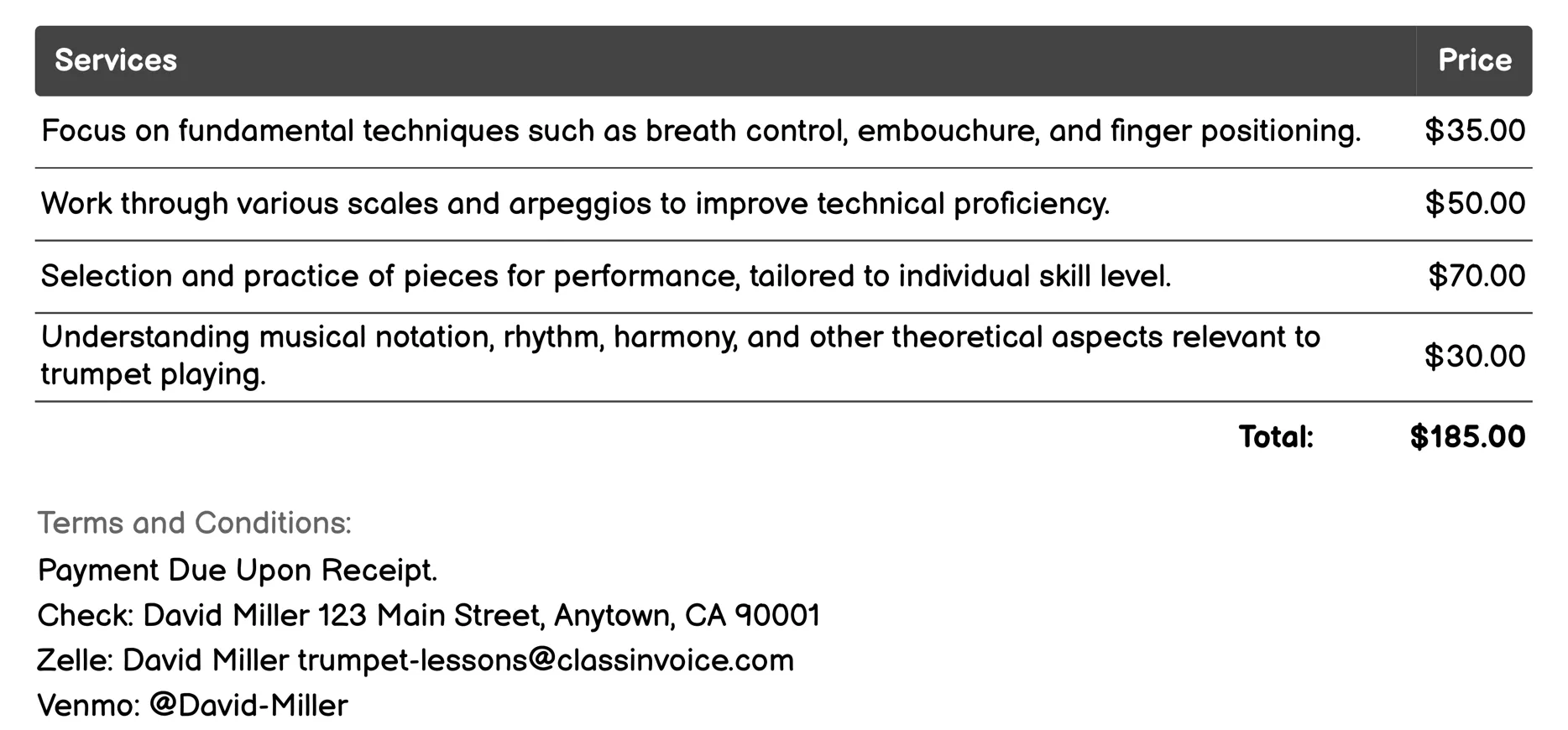 Trumpet Performance Preparation Invoice Example