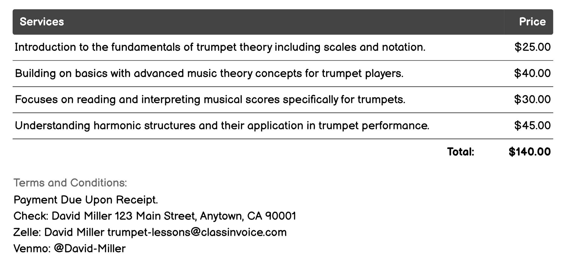 Trumpet Theory Lessons Invoice Example