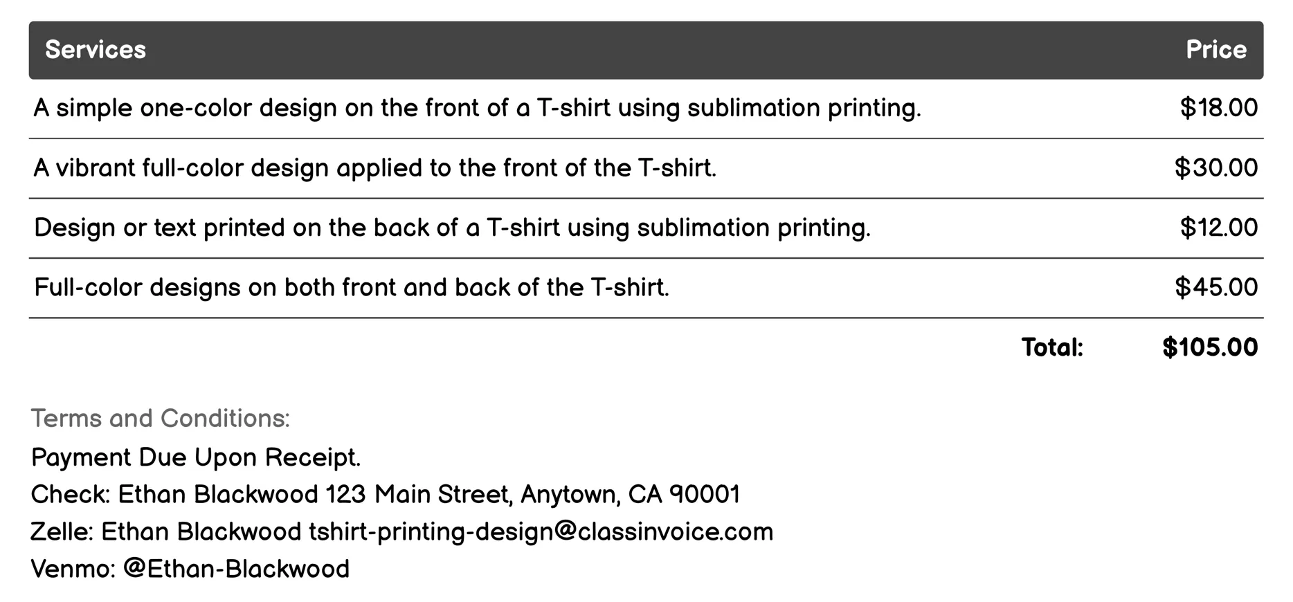 Sublimation Printing Invoice Example
