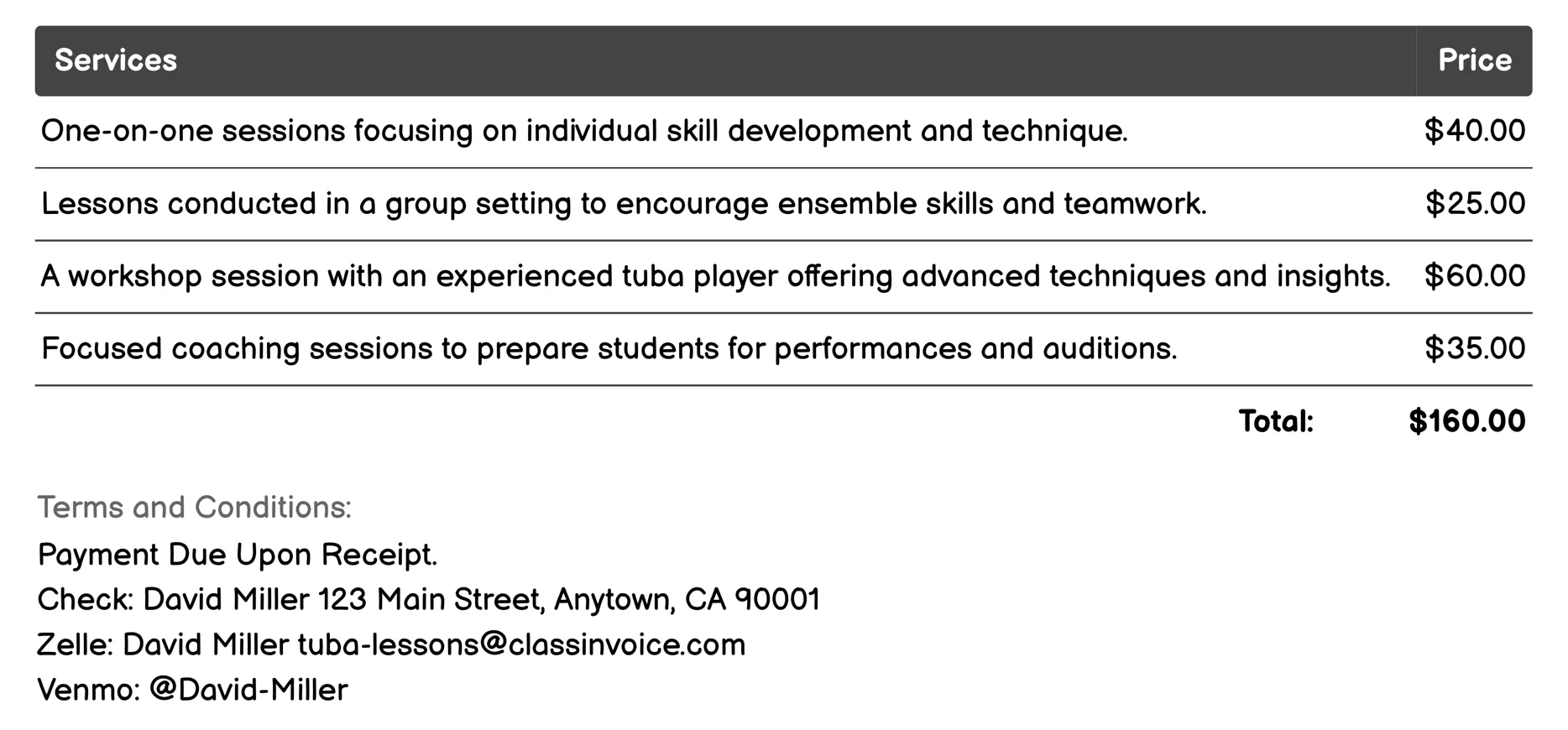 Band or Orchestra Coaching Invoice Example