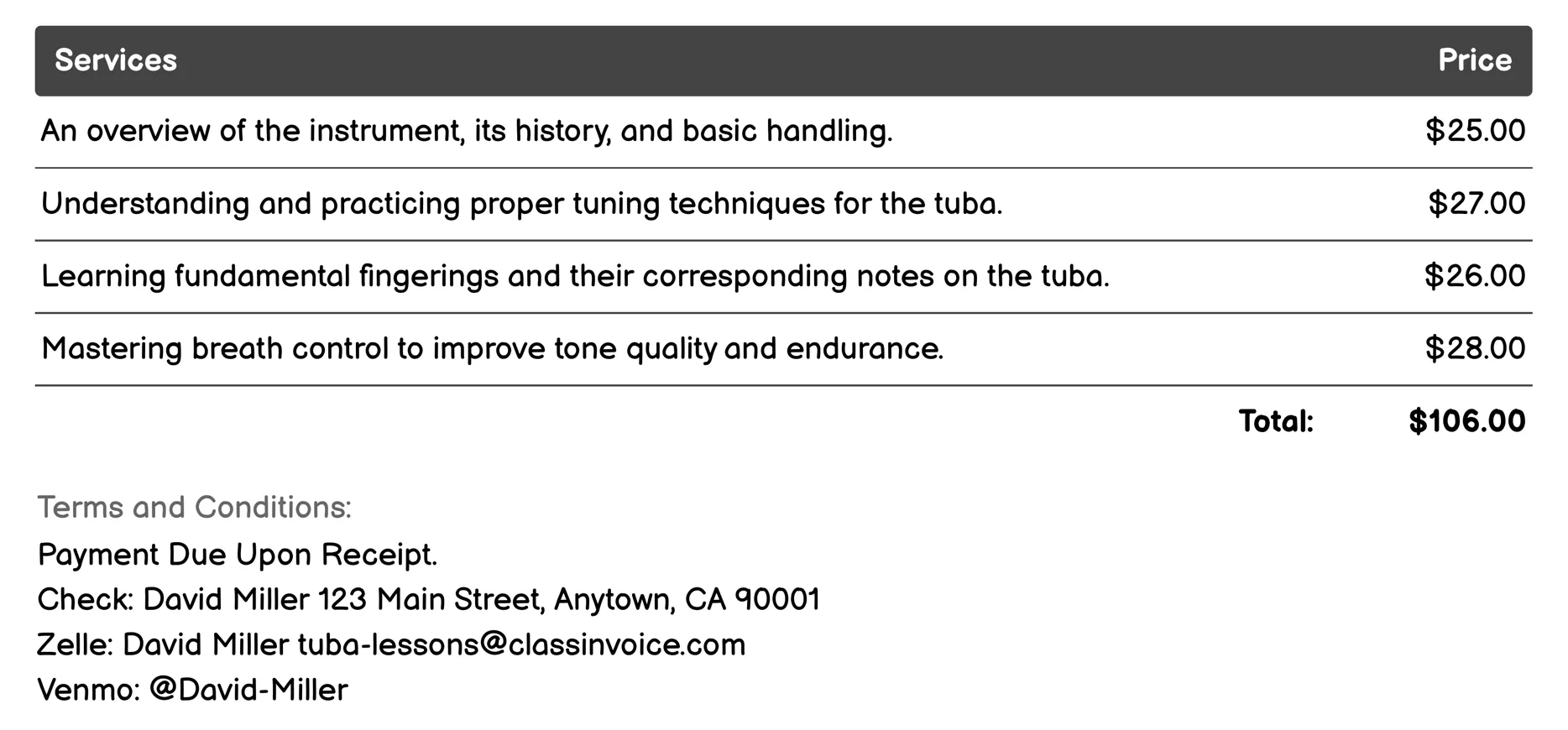 Beginner Tuba Lessons Invoice Example