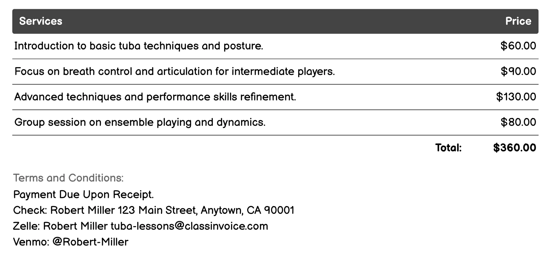 Tuba Technique Clinics Invoice Example