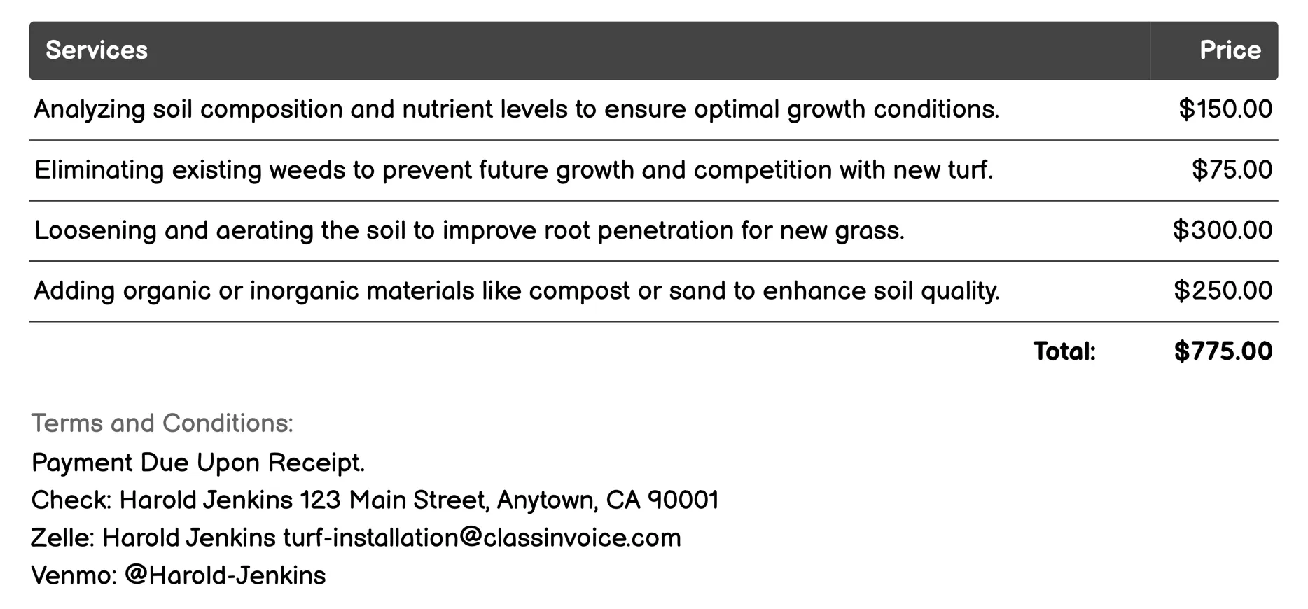 Soil Preparation Invoice Example
