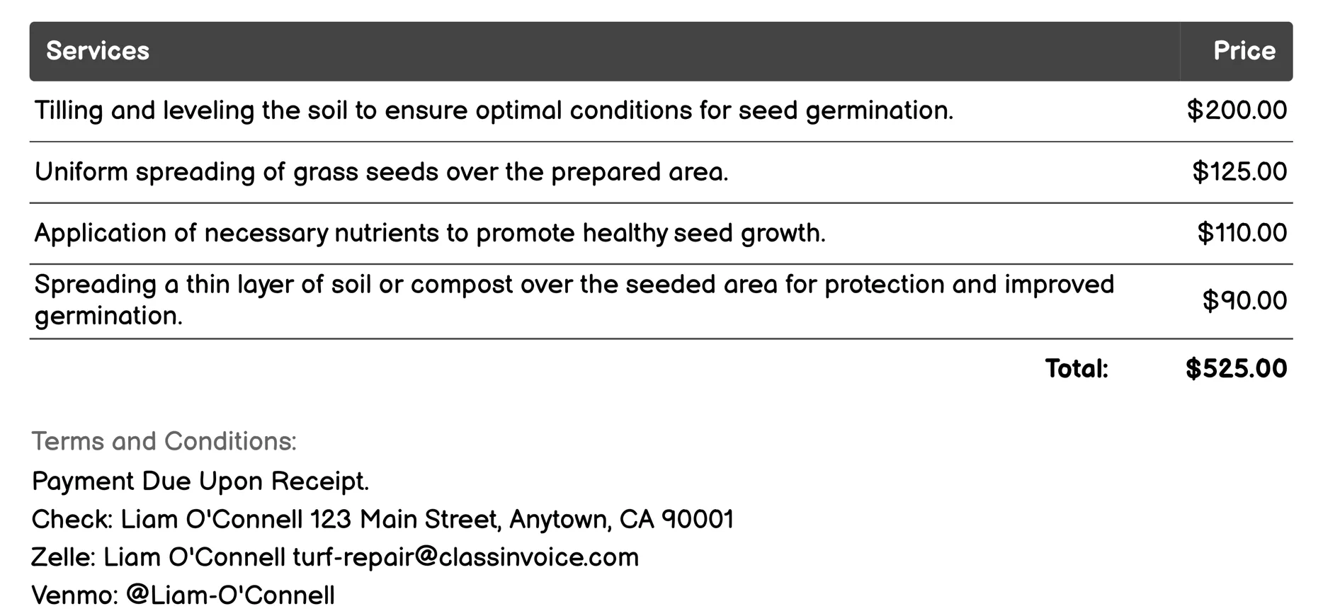 Reseeding Invoice Example