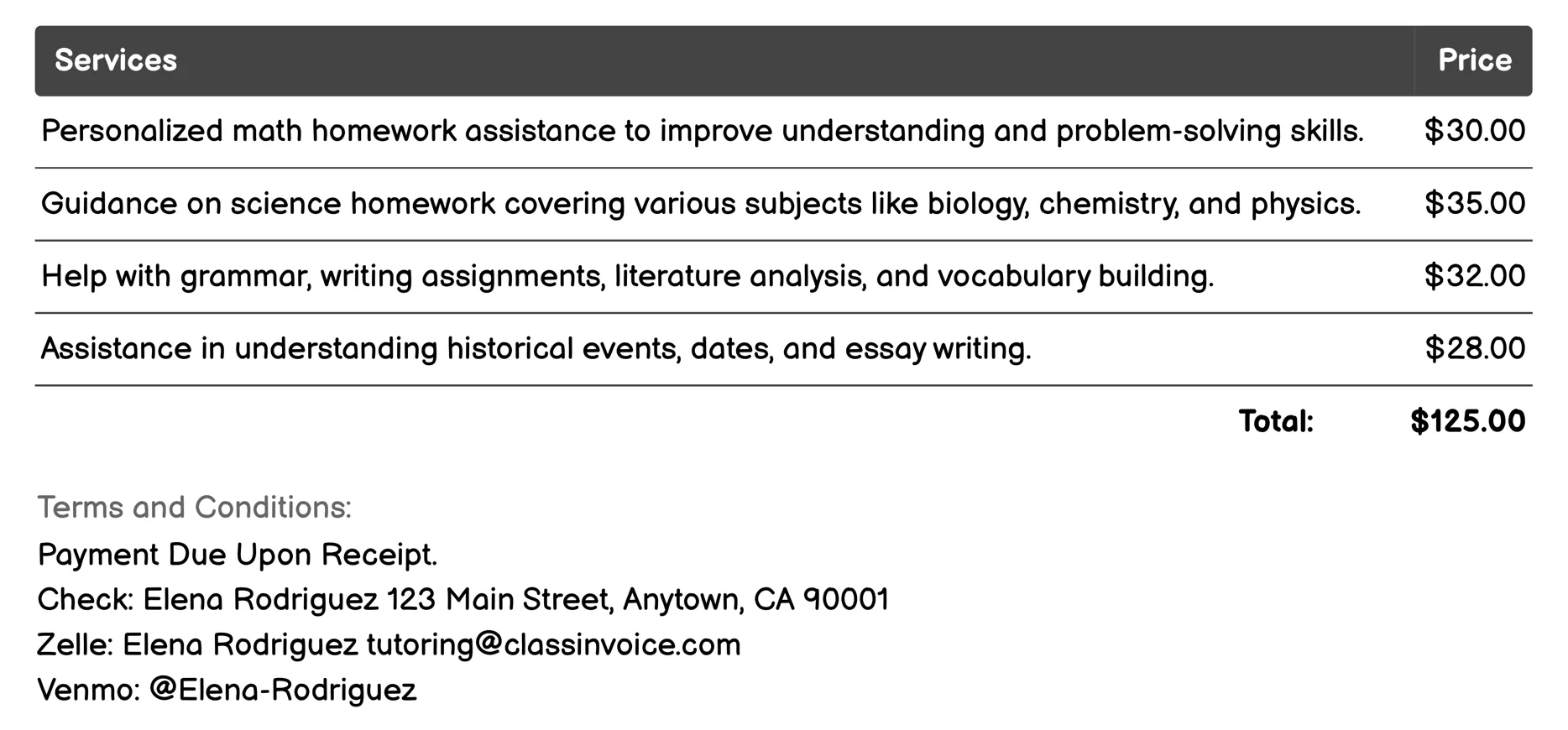 Homework Help Invoice Example