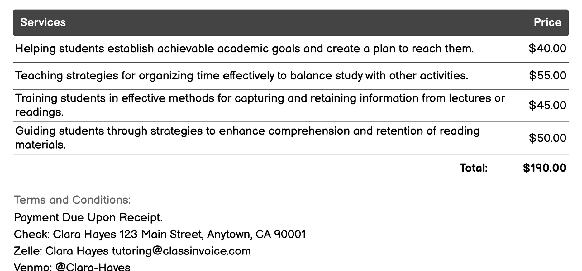 Study Skills Coaching Invoice Example