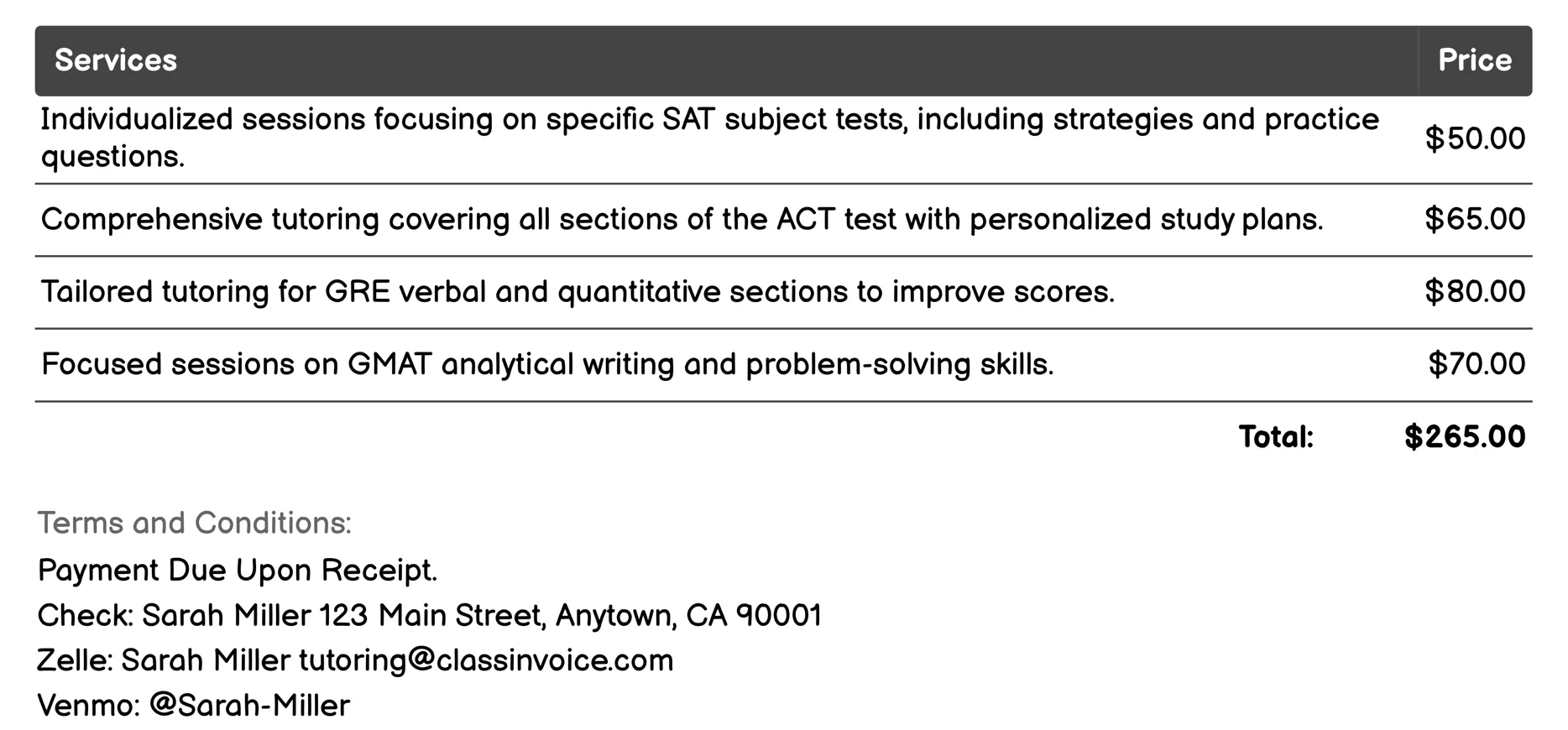 Test Preparation Tutoring Invoice Example