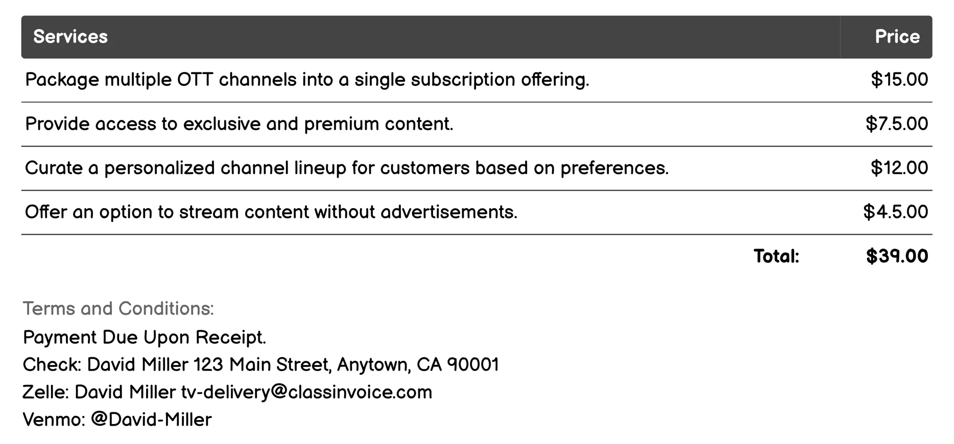 OTT (Over-the-Top) Services Invoice Example