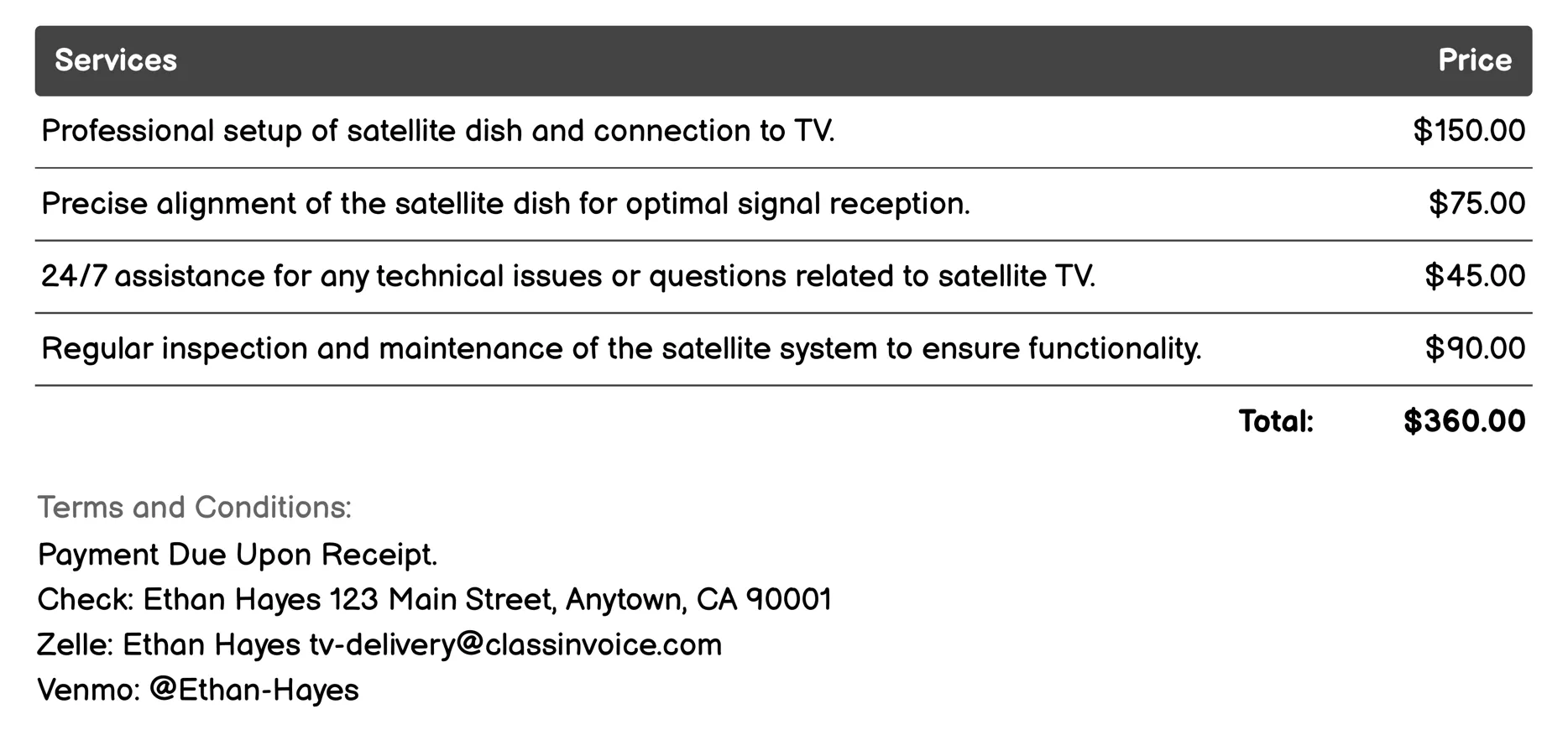 Satellite TV Invoice Example