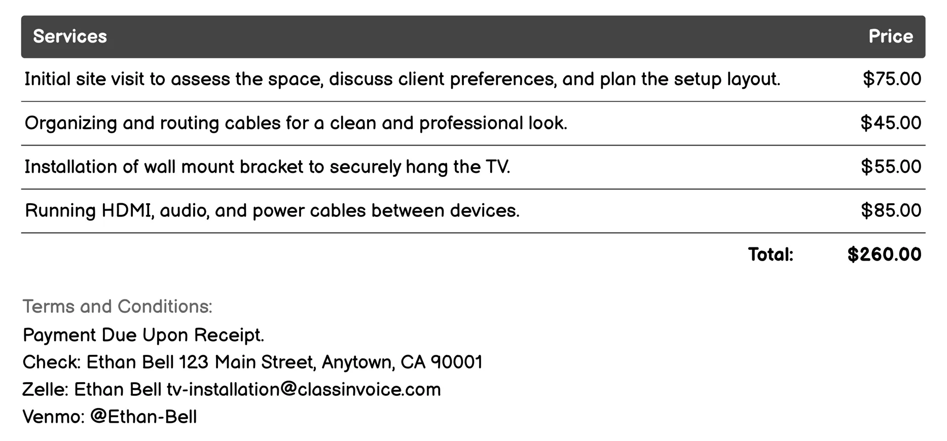 Home Theater System Setup Invoice Example