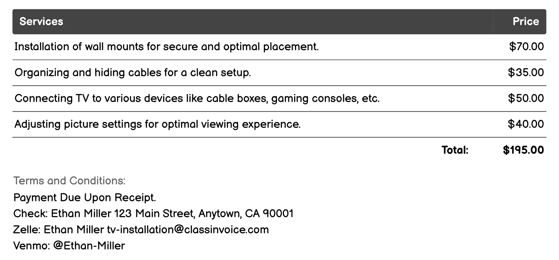 Maintenance and Repair Invoice Example