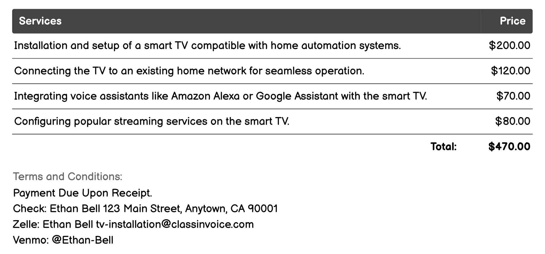 Smart Home Integration Invoice Example
