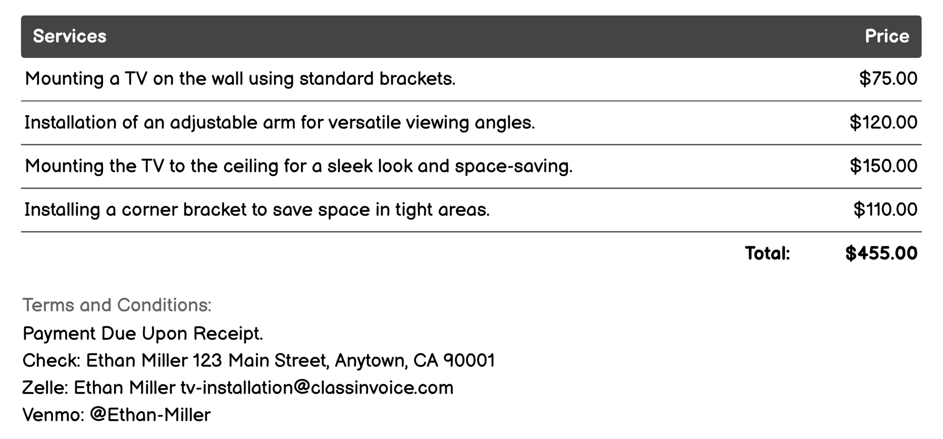 TV Mounting Services Invoice Example