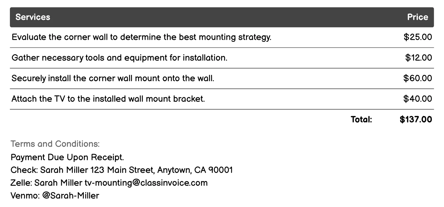 Corner Wall Mount Invoice Example