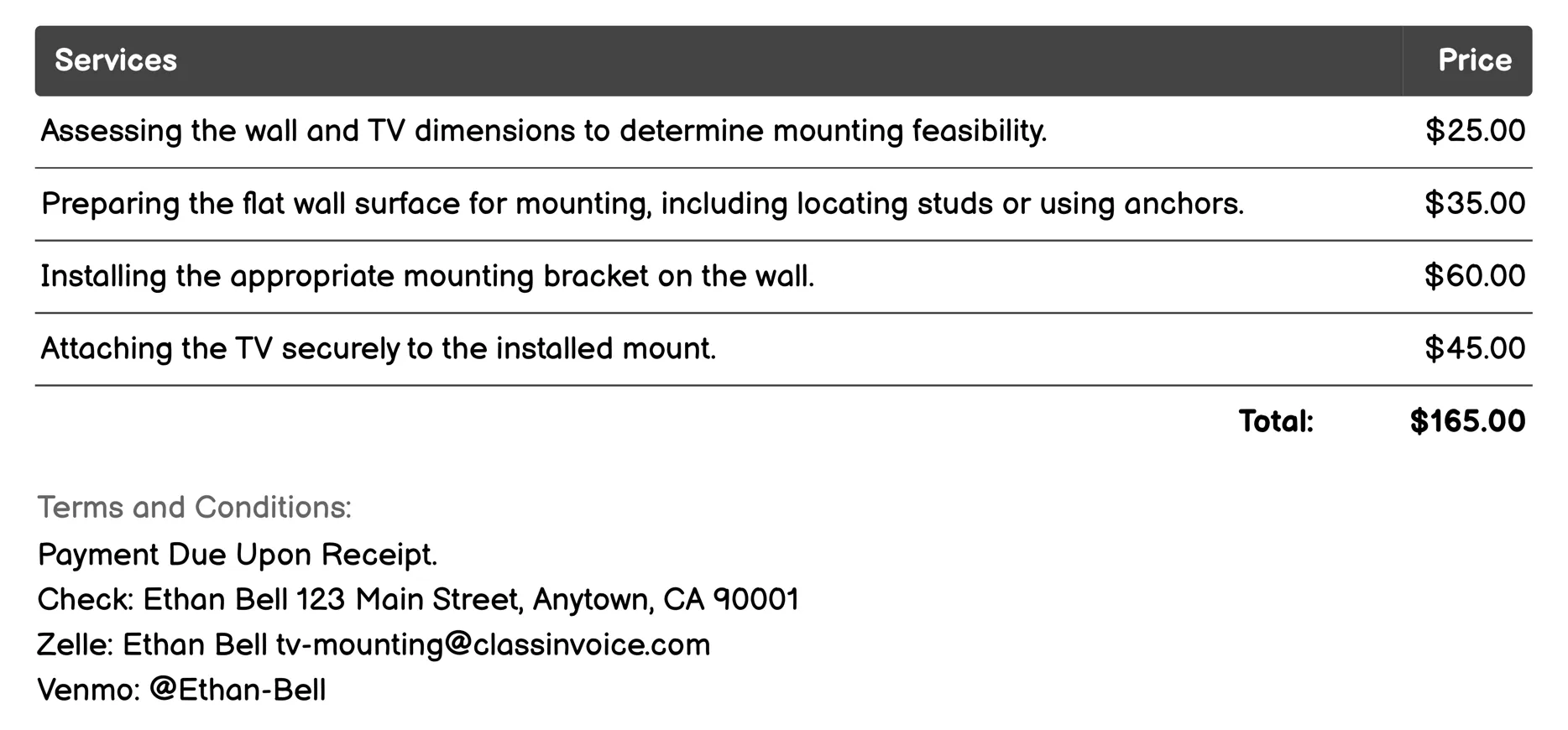 Flat Wall Mount Invoice Example