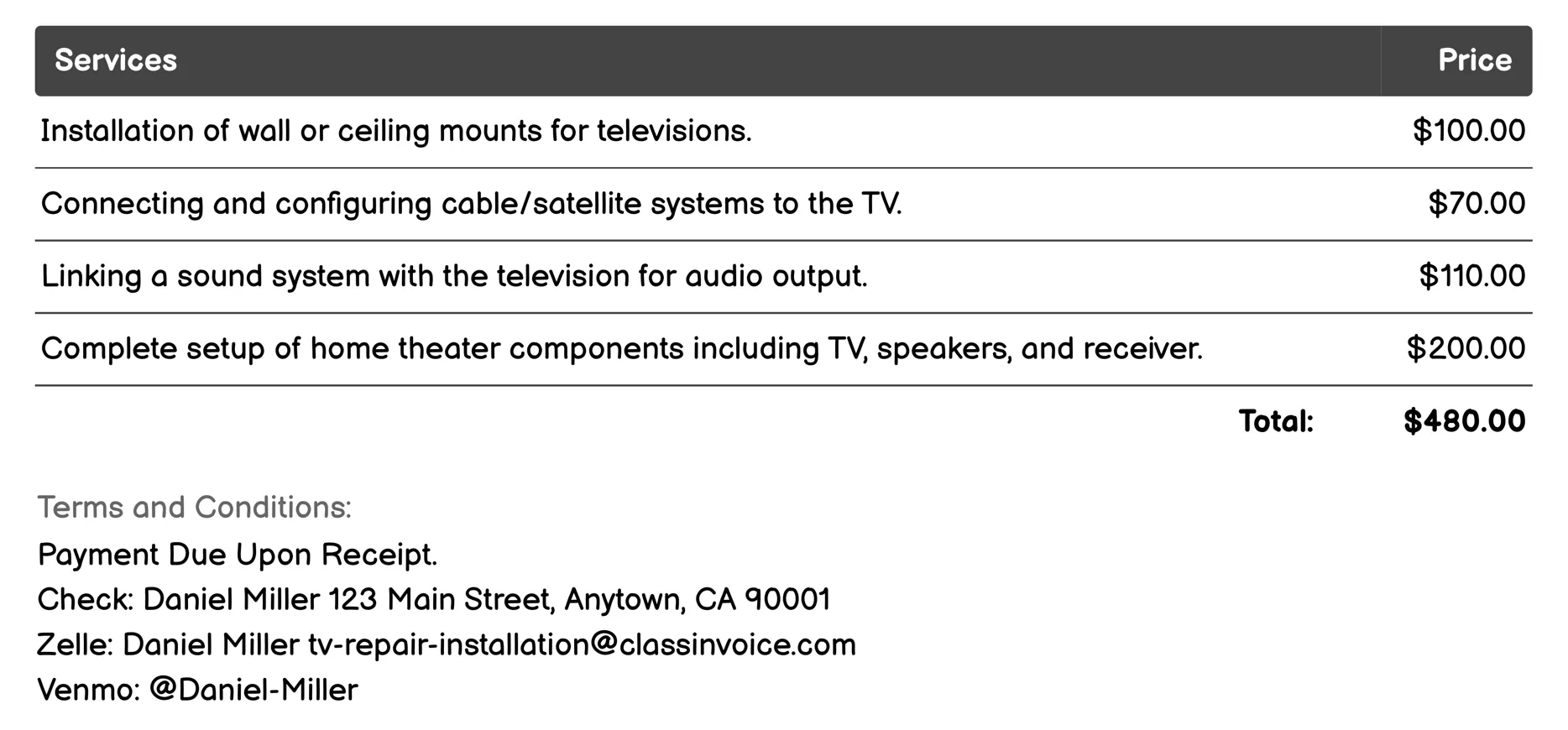 Installation Invoice Example