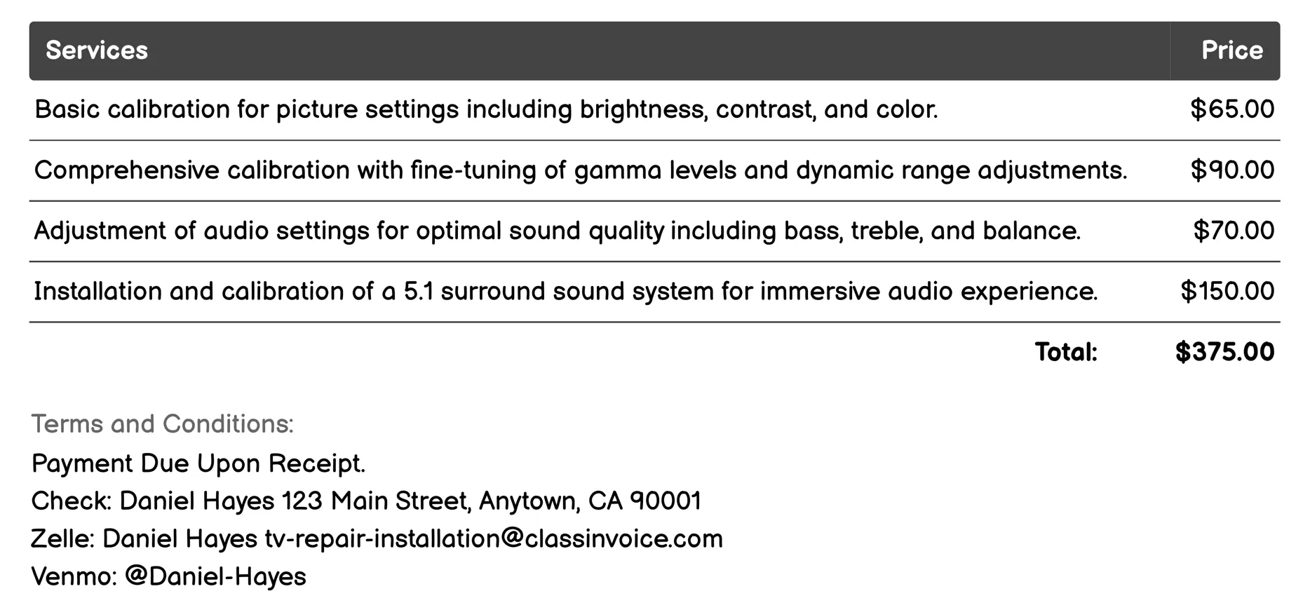 Picture and Sound Calibration Invoice Example