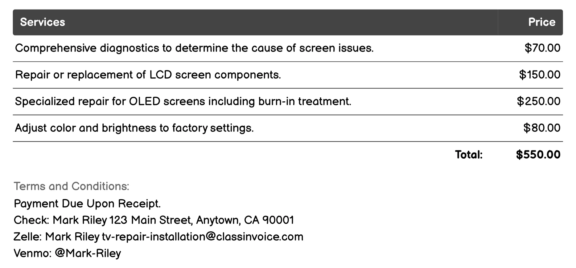Screen Repair Invoice Example