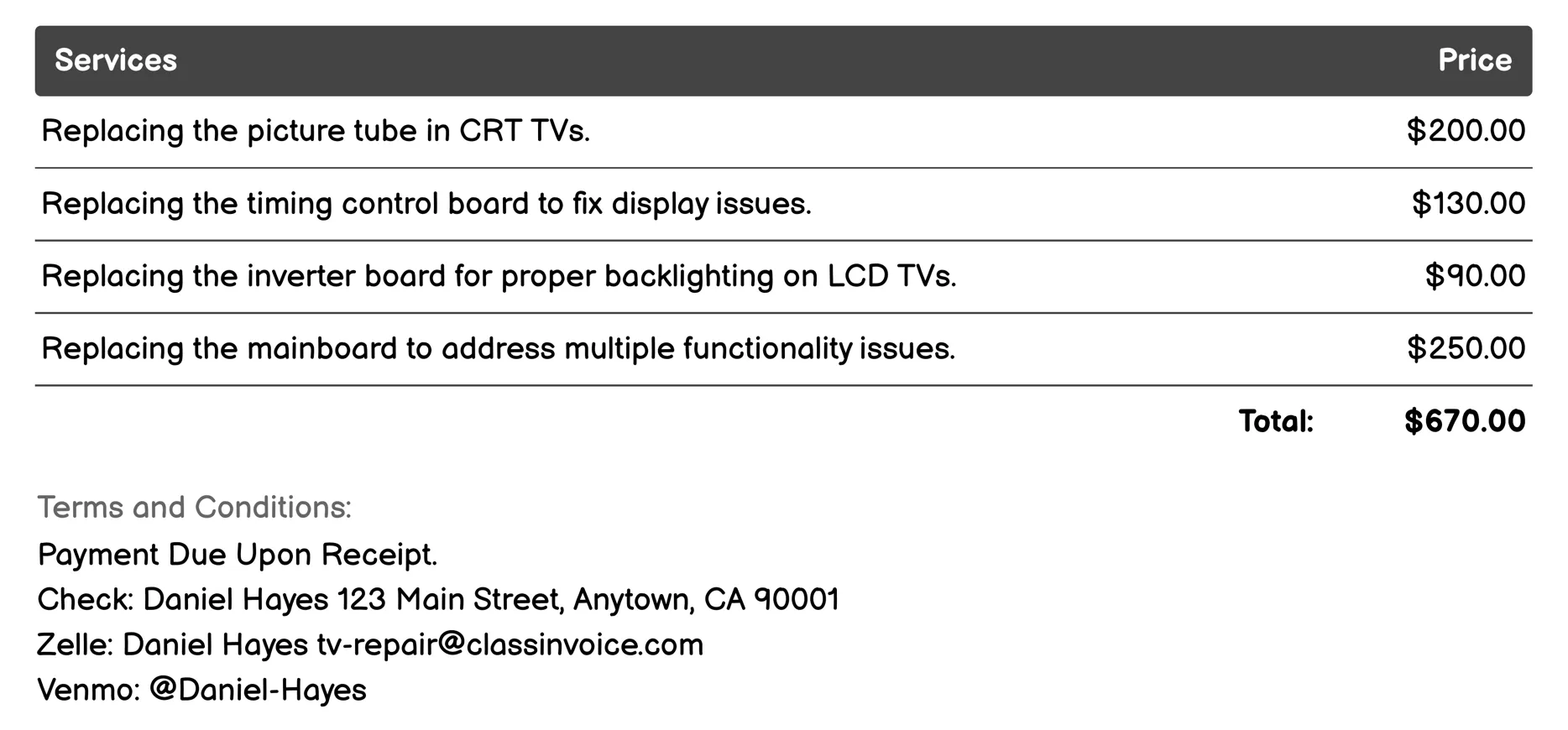Component Replacement Invoice Example